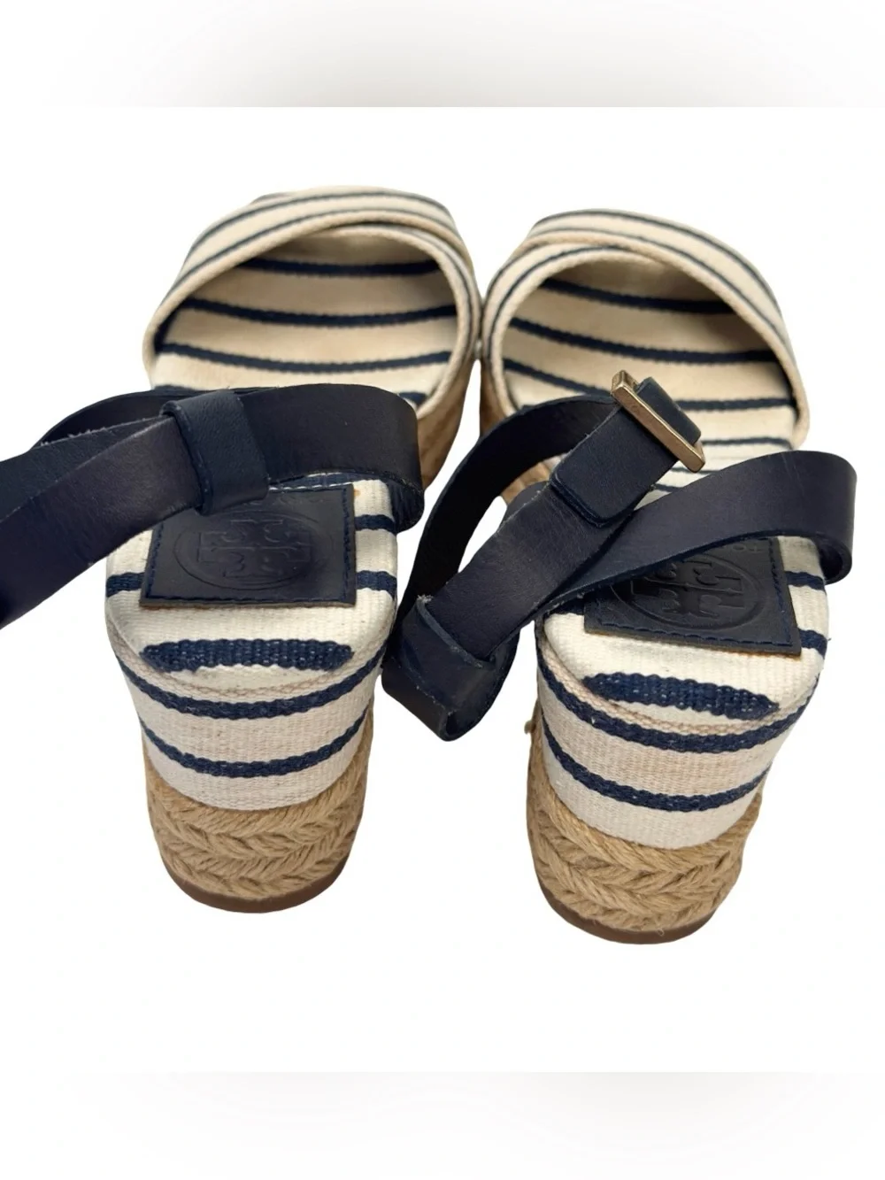 Tory Burch Karissa Navy Stripe Espadrille Ankle Strap Wedge Size 7